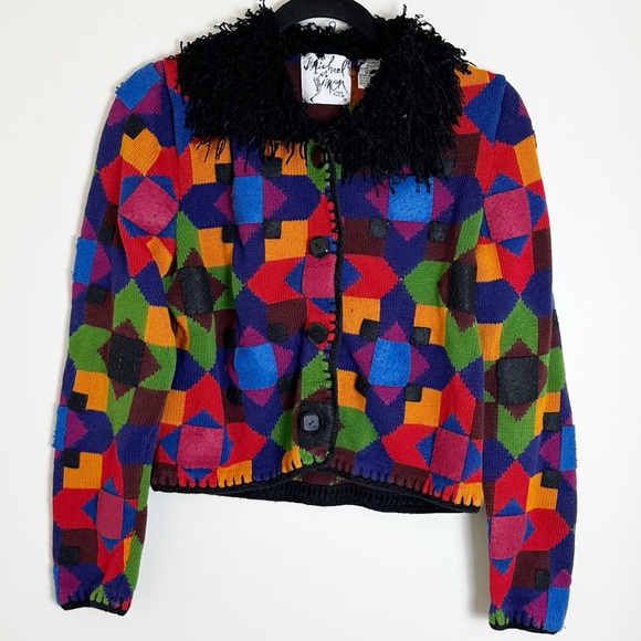 Michael Simon Sweaters - Michael Simon Rainbow Patchwork Cardigan Sweater Fuzzy Collar Small